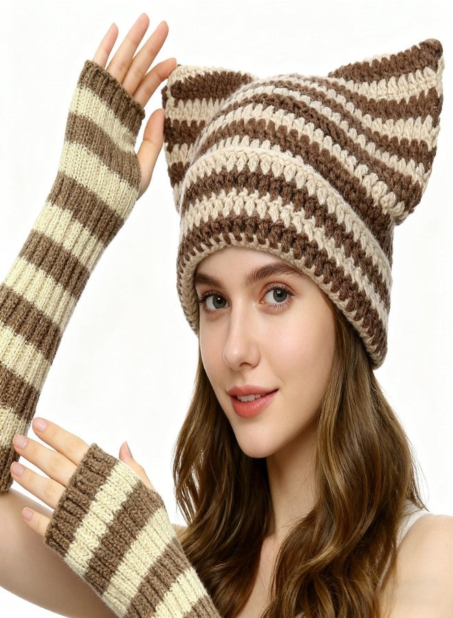 Sdfvsdg Crochet Hats for Women Cat Beanie with Fingerless Gloves Cute Fox Cat Ears Hat Slouchy Beanies Grunge Accessories Brown - Image 5